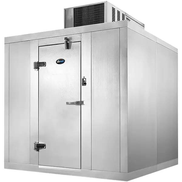 A picture of the silver color walk in freezer with lock